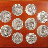 Ten Pewter Medallions Mounted on Wood Plaque, Sculpture by Joe Beeler