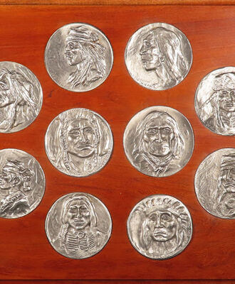 Ten Pewter Medallions Mounted on Wood Plaque, Sculpture by Joe Beeler